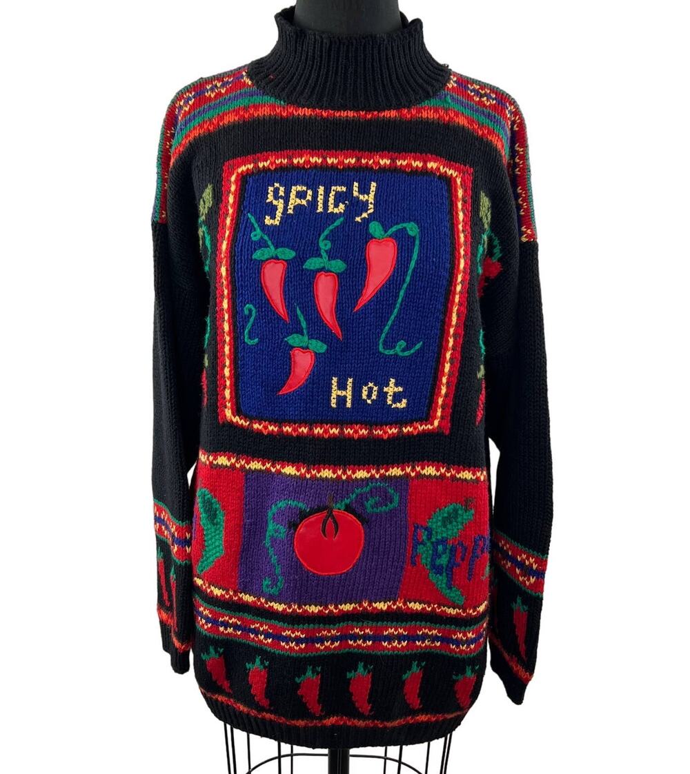 VINTAGE Karen Scott HandKnit SPICY HOT Black Long Sleeve Mock Pullover Sweater L